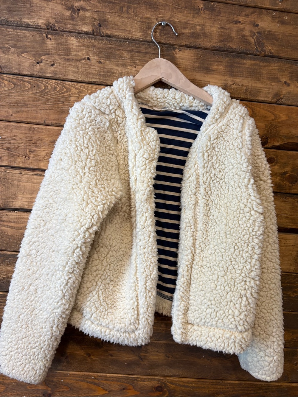Lands End Girls Cream Sherpa Hoodie Jacket - Cozy Fleece Outerwear medium 10/12